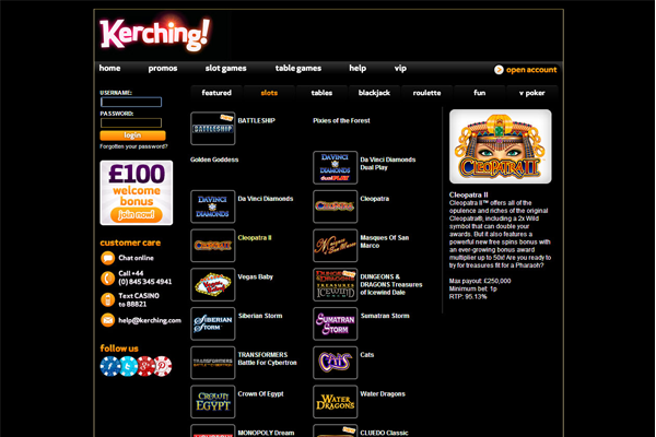 Kerching Mobile Casino lobby