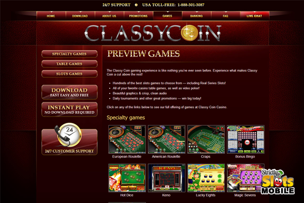 Classy Coin Mobile Casino lobby