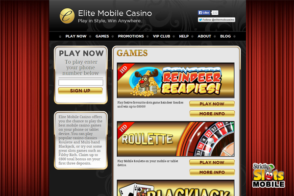 Elite Mobile Casino lobby