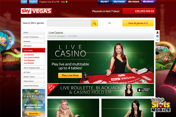 Sky Vegas Mobile Casino lobby